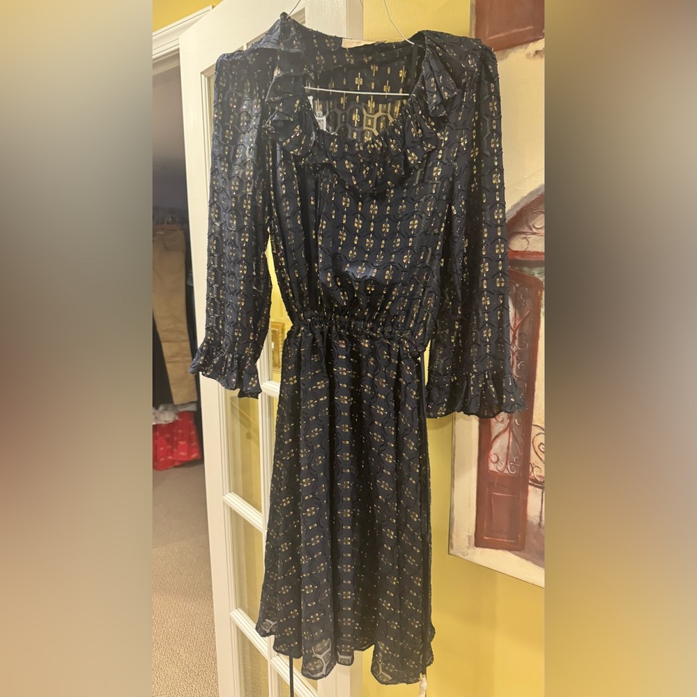 Tory Burch Navy and Gold Long Sleeve Dress Brand New